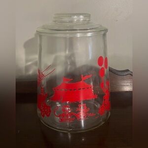 Bartlett Collins Red Circus Trapezoid Glass Cookie Jar w/LID 8-1/2" Clowns POKEE
